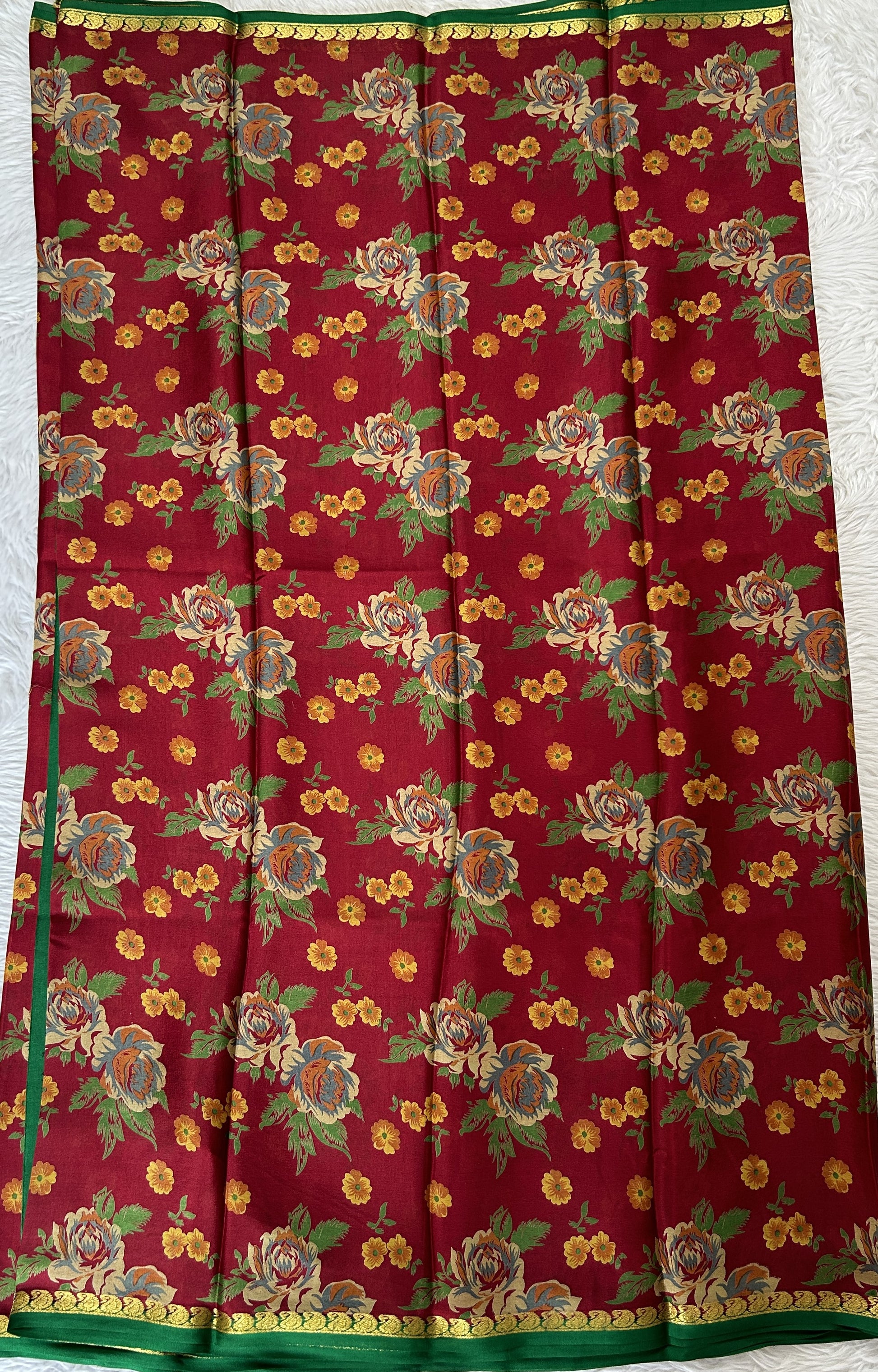 Mysore Crepe Silk Saree Maroon Colored Complemented with a Green Zari Border. - Sampradaya Designer Studio