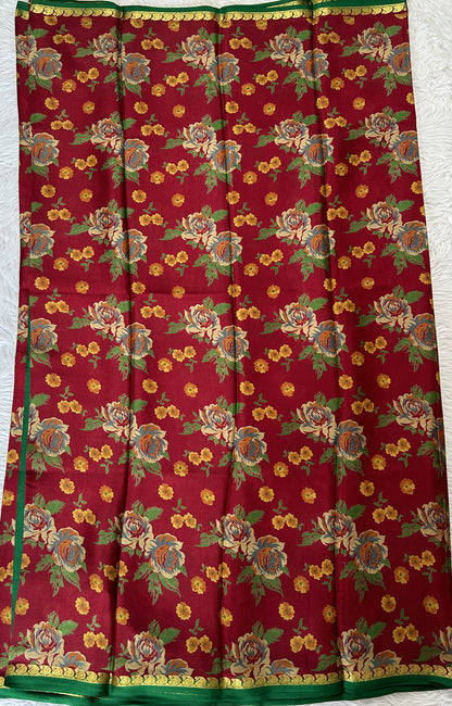 Mysore Crepe Silk Saree Maroon Colored Complemented with a Green Zari Border. - Sampradaya Designer Studio