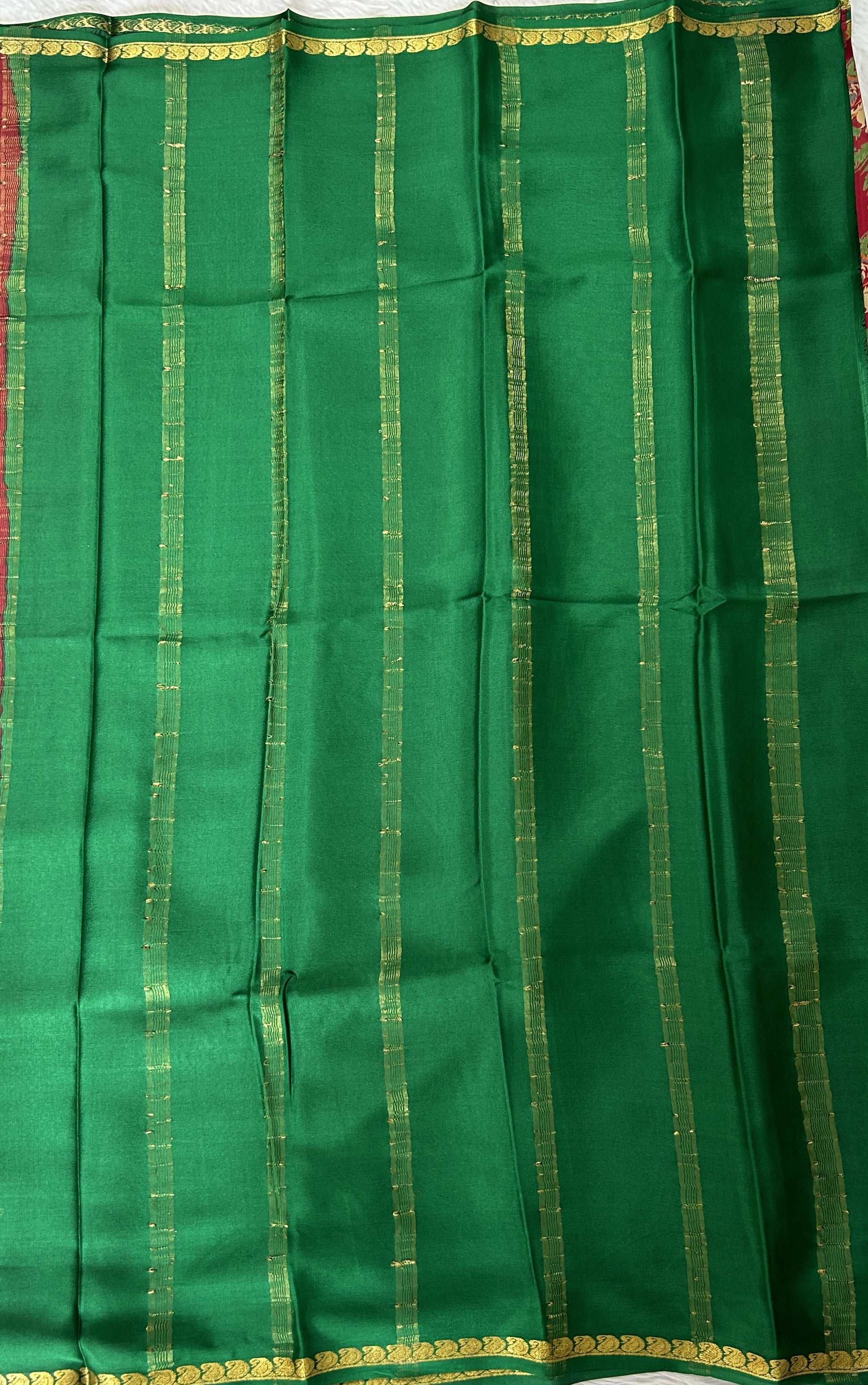 Mysore Crepe Silk Saree Maroon Colored Complemented with a Green Zari Border. - Sampradaya Designer Studio