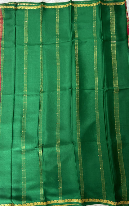 Mysore Crepe Silk Saree Maroon Colored Complemented with a Green Zari Border. - Sampradaya Designer Studio