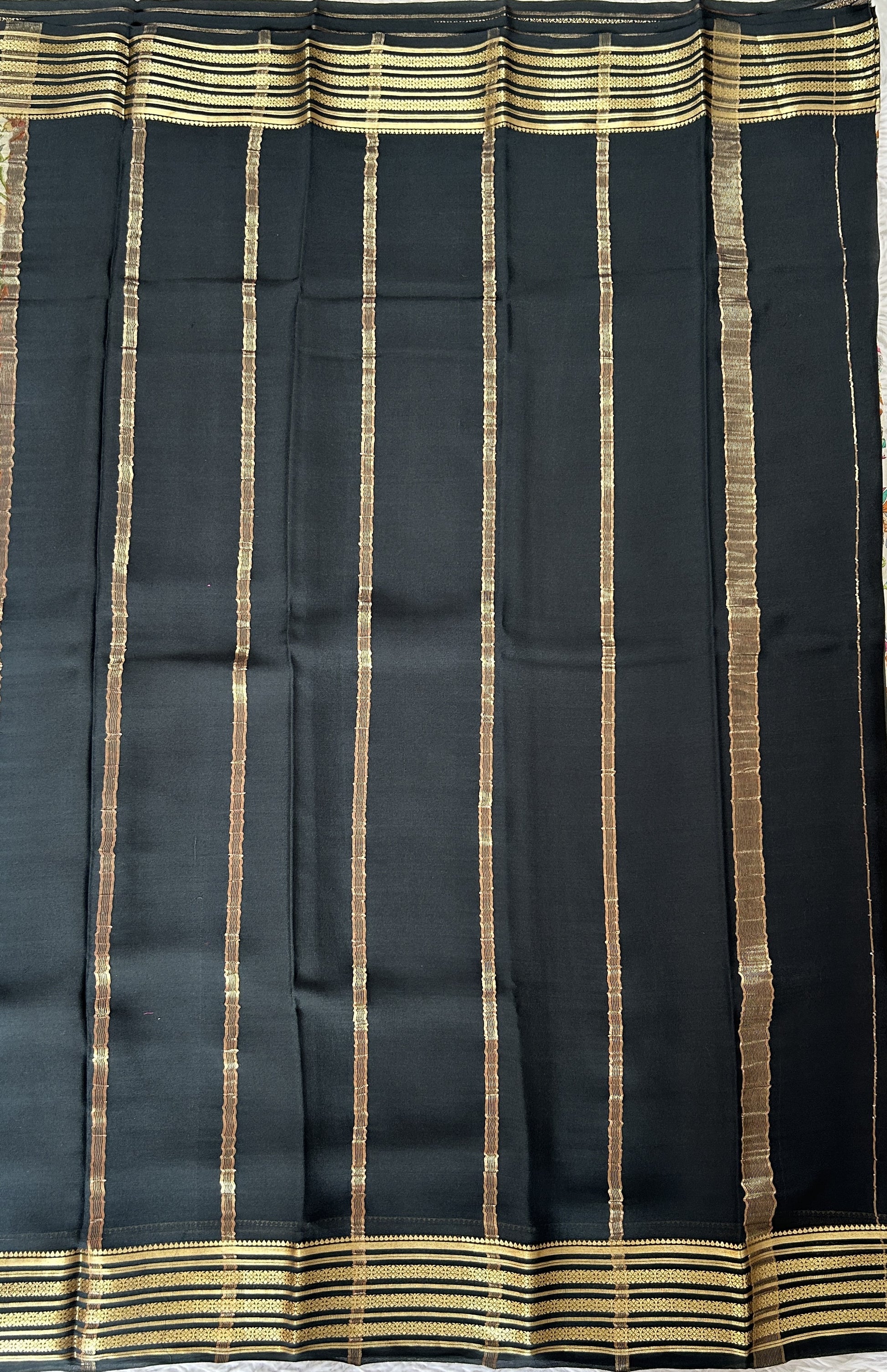 Mysore Crepe Silk Saree Light Gray Colored Complemented with a Black Zari Border. - Sampradaya Designer Studio