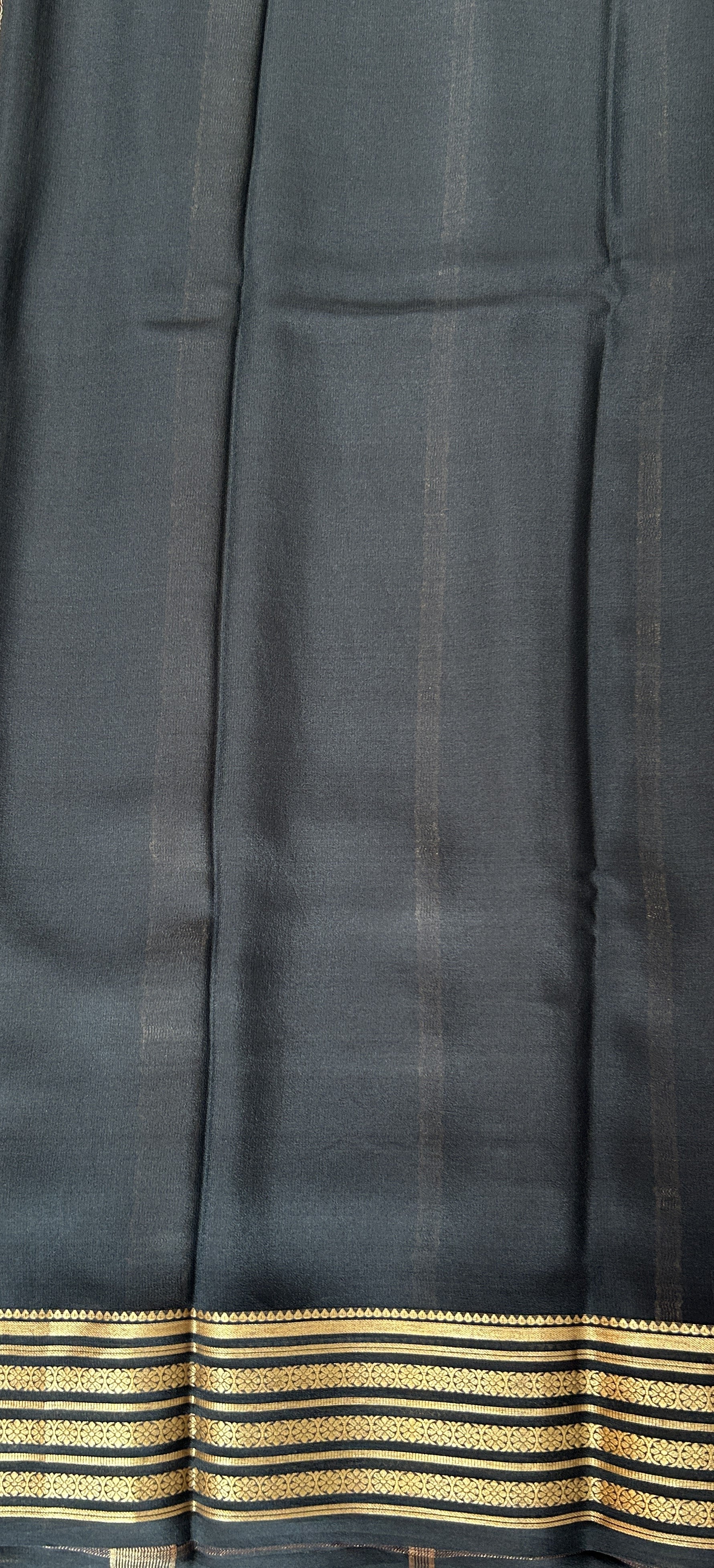 Mysore Crepe Silk Saree Light Gray Colored Complemented with a Black Zari Border. - Sampradaya Designer Studio