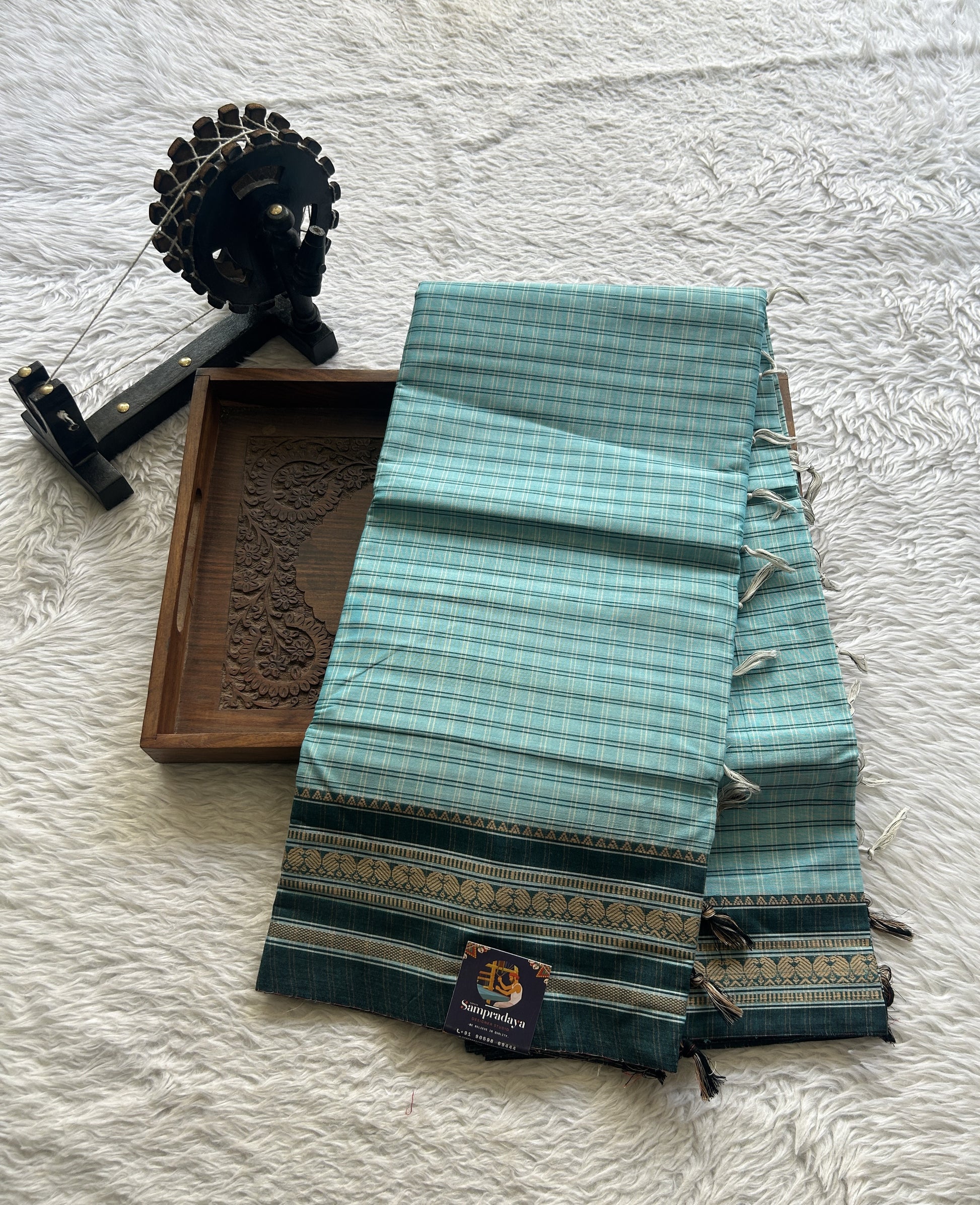 Narayanpet Cotton Checks Saree Sky Blue Colored Complemented with a Thread Gap Border. - Sampradaya Designer Studio
