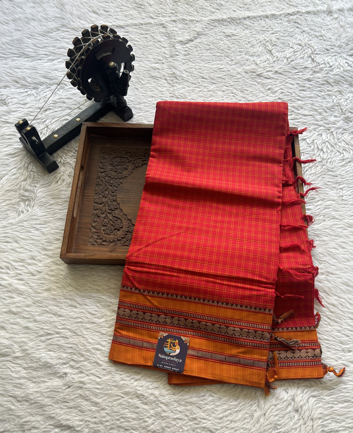 Narayanpet Cotton Checks Saree Red Colored Complemented with a Yellow Thread Border. - Sampradaya Designer Studio