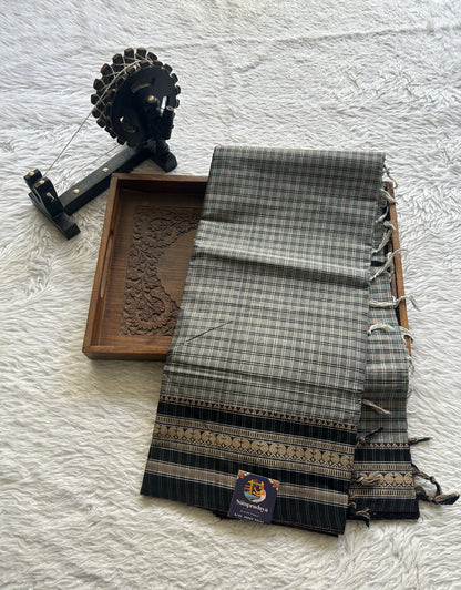 Narayanpet Cotton Checks Saree Gray Colored Complemented with a Black Thread Border. - Sampradaya Designer Studio