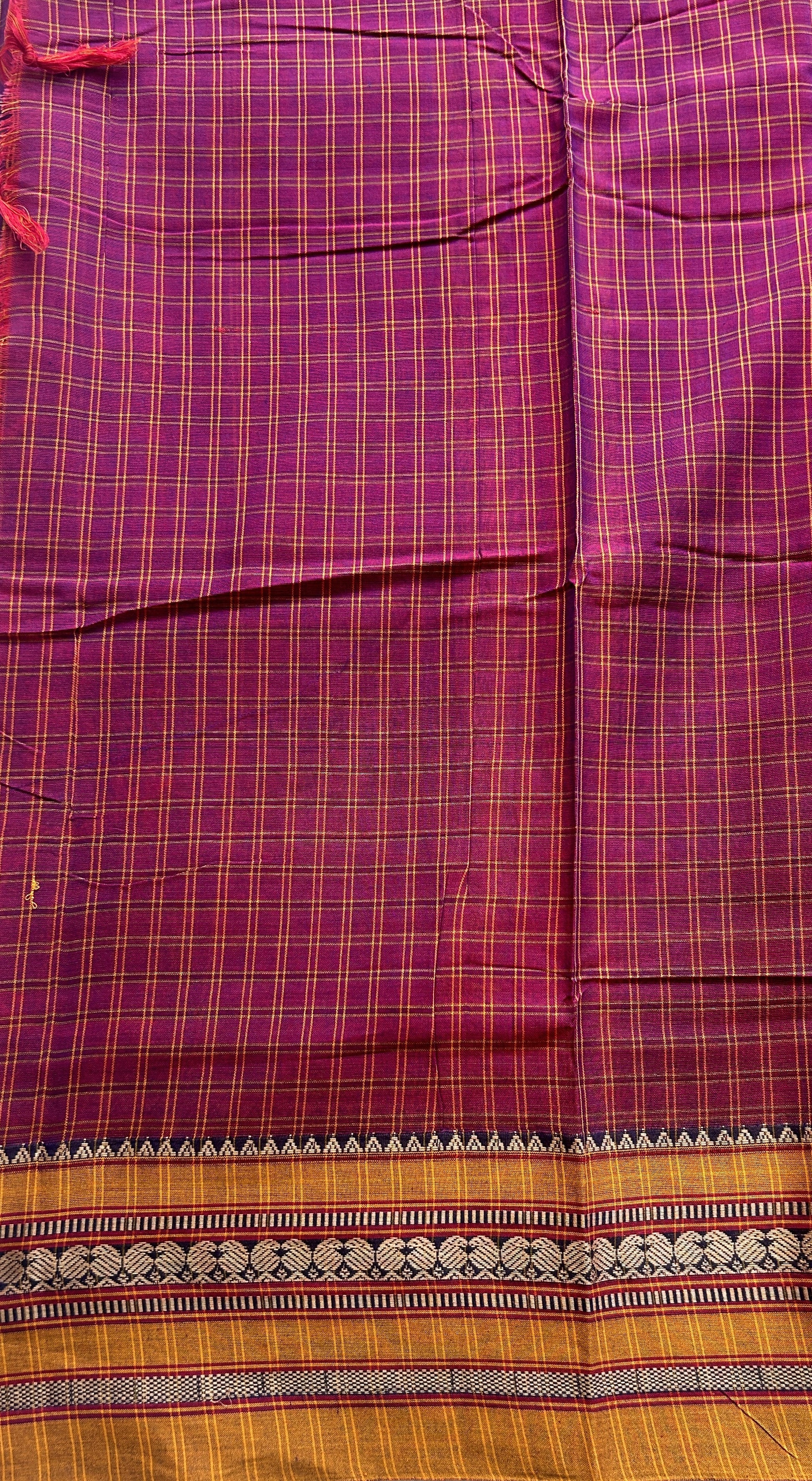 Narayanpet Cotton Checks Saree Magenta Pink Colored Complemented with a Thread Border. - Sampradaya Designer Studio