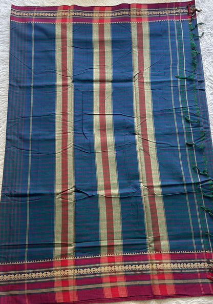 Narayanpet Cotton Checks Saree Peacock Blue Colored Complemented with a Pink Thread Border. - Sampradaya Designer Studio