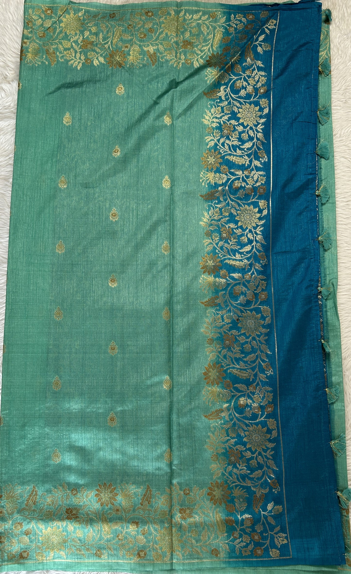 Semi Raw Silk Saree Sea Green Colored Complemented with a Zari Border. - Sampradaya Designer Studio