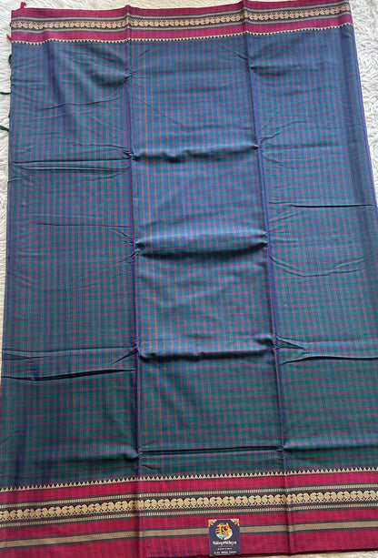 Narayanpet Cotton Checks Saree Peacock Blue Colored Complemented with a Pink Thread Border. - Sampradaya Designer Studio