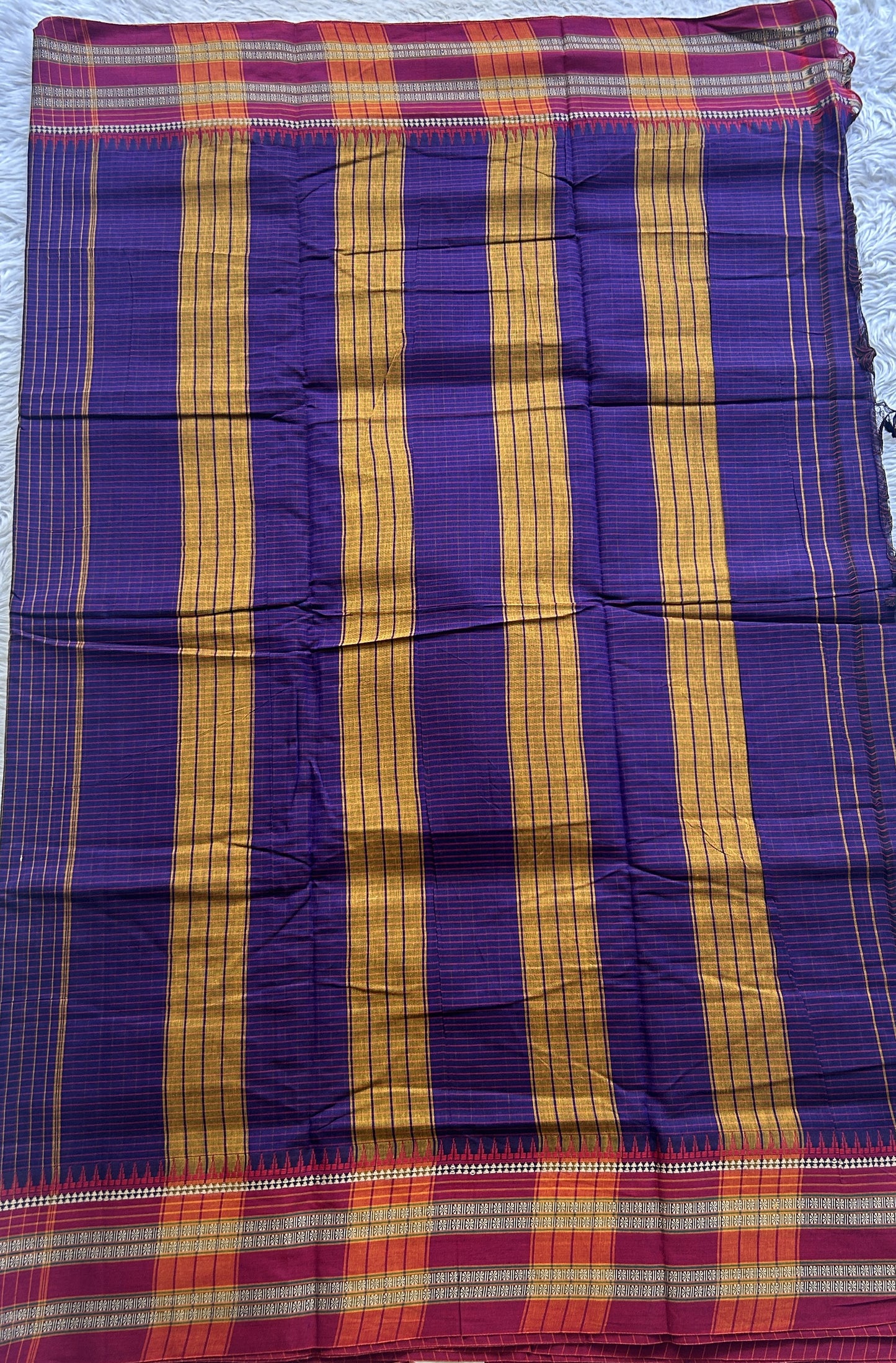 Narayanpet Cotton Checks Saree Violet Colored Complemented with a Pink Thread Border. - Sampradaya Designer Studio