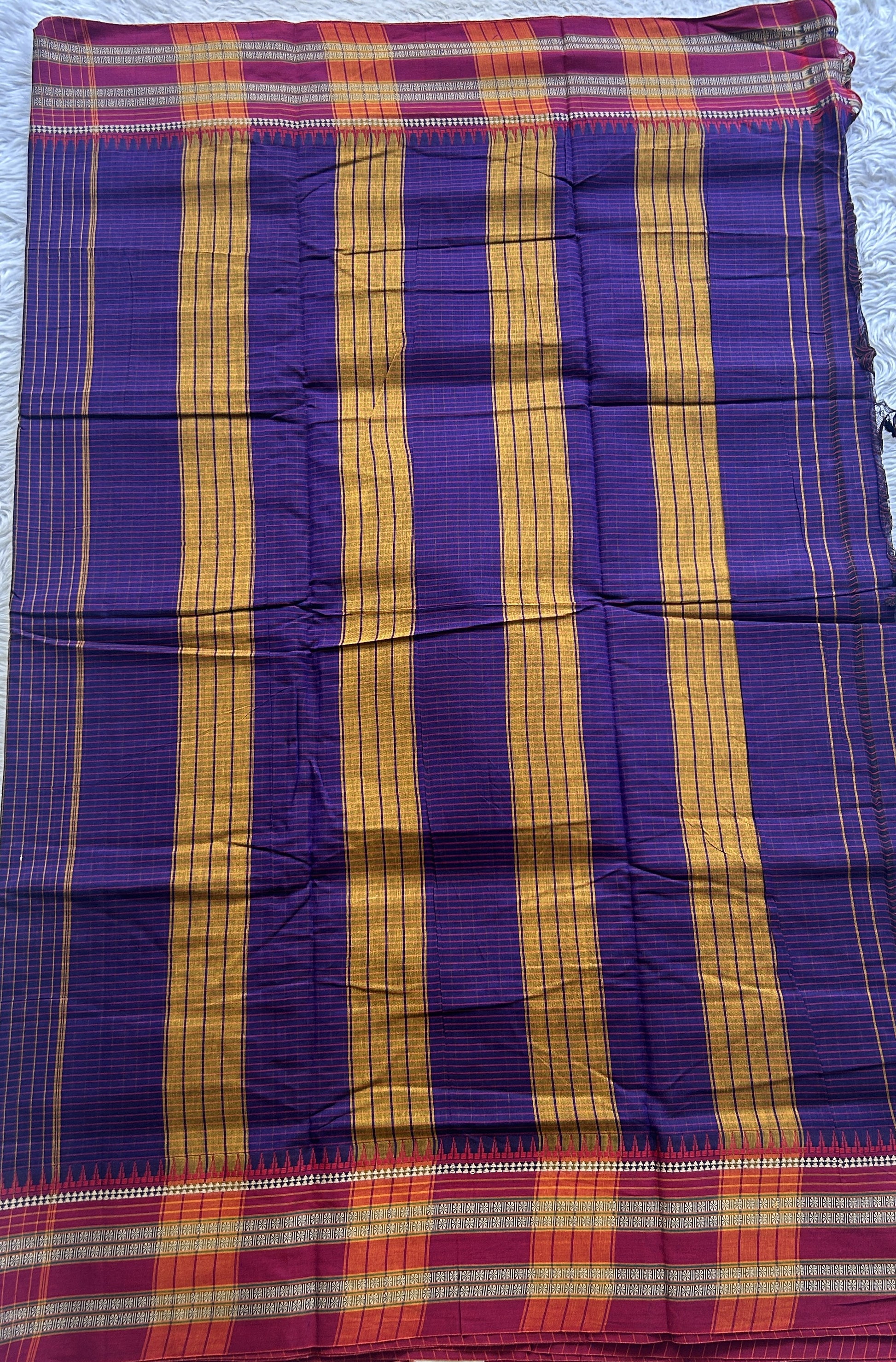 Narayanpet Cotton Checks Saree Violet Colored Complemented with a Pink Thread Border. - Sampradaya Designer Studio