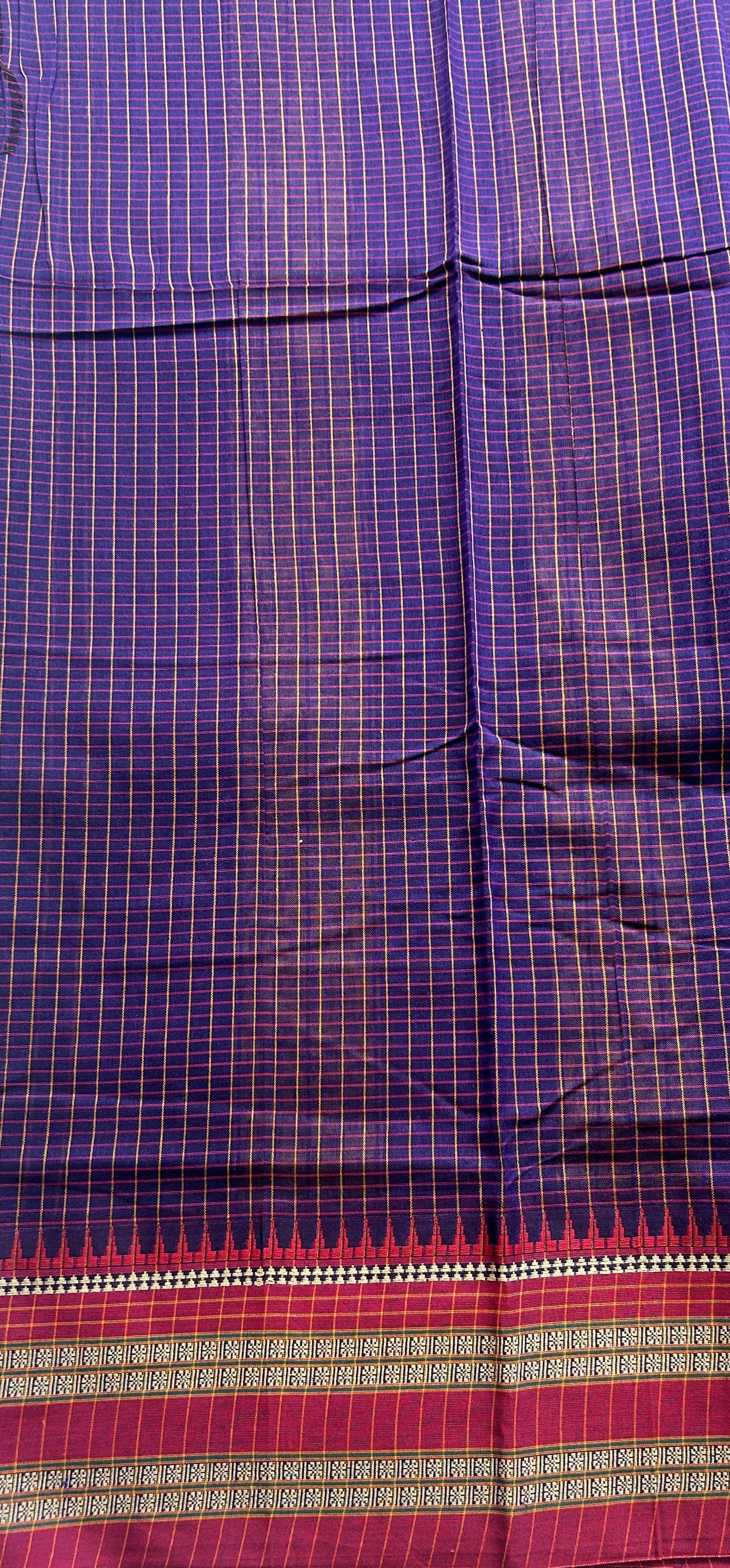 Narayanpet Cotton Checks Saree Violet Colored Complemented with a Pink Thread Border. - Sampradaya Designer Studio