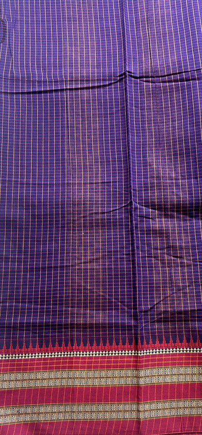 Narayanpet Cotton Checks Saree Violet Colored Complemented with a Pink Thread Border. - Sampradaya Designer Studio