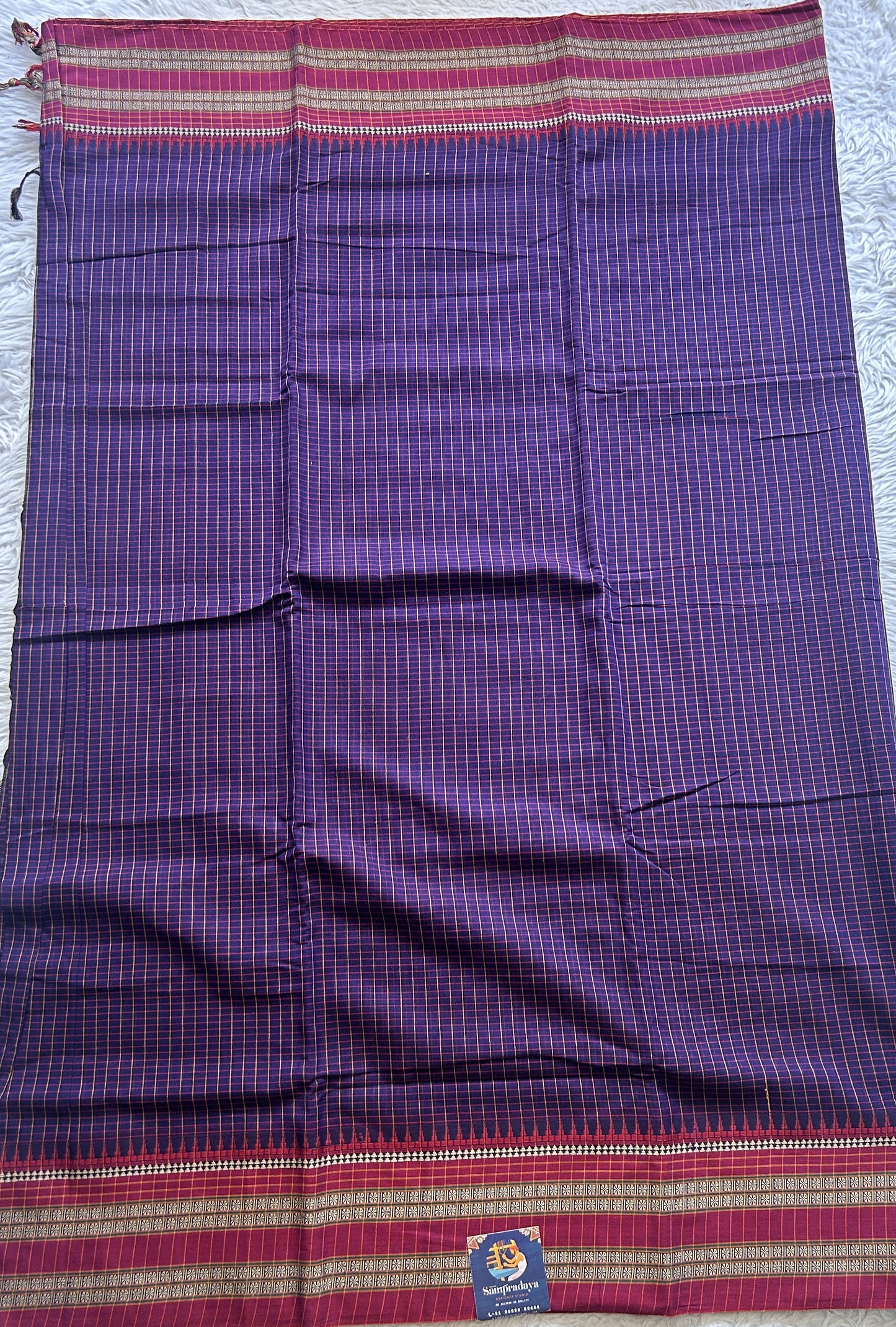 Narayanpet Cotton Checks Saree Violet Colored Complemented with a Pink Thread Border. - Sampradaya Designer Studio