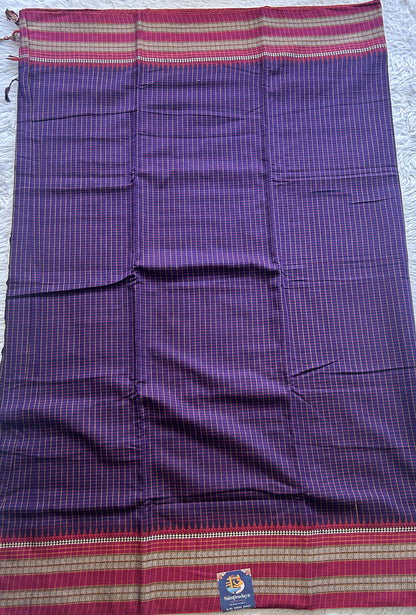 Narayanpet Cotton Checks Saree Violet Colored Complemented with a Pink Thread Border. - Sampradaya Designer Studio