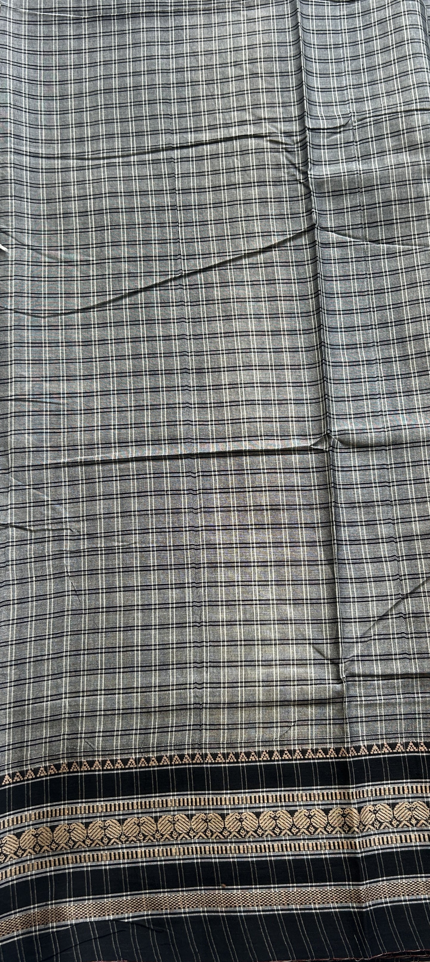 Narayanpet Cotton Checks Saree Gray Colored Complemented with a Black Thread Border. - Sampradaya Designer Studio