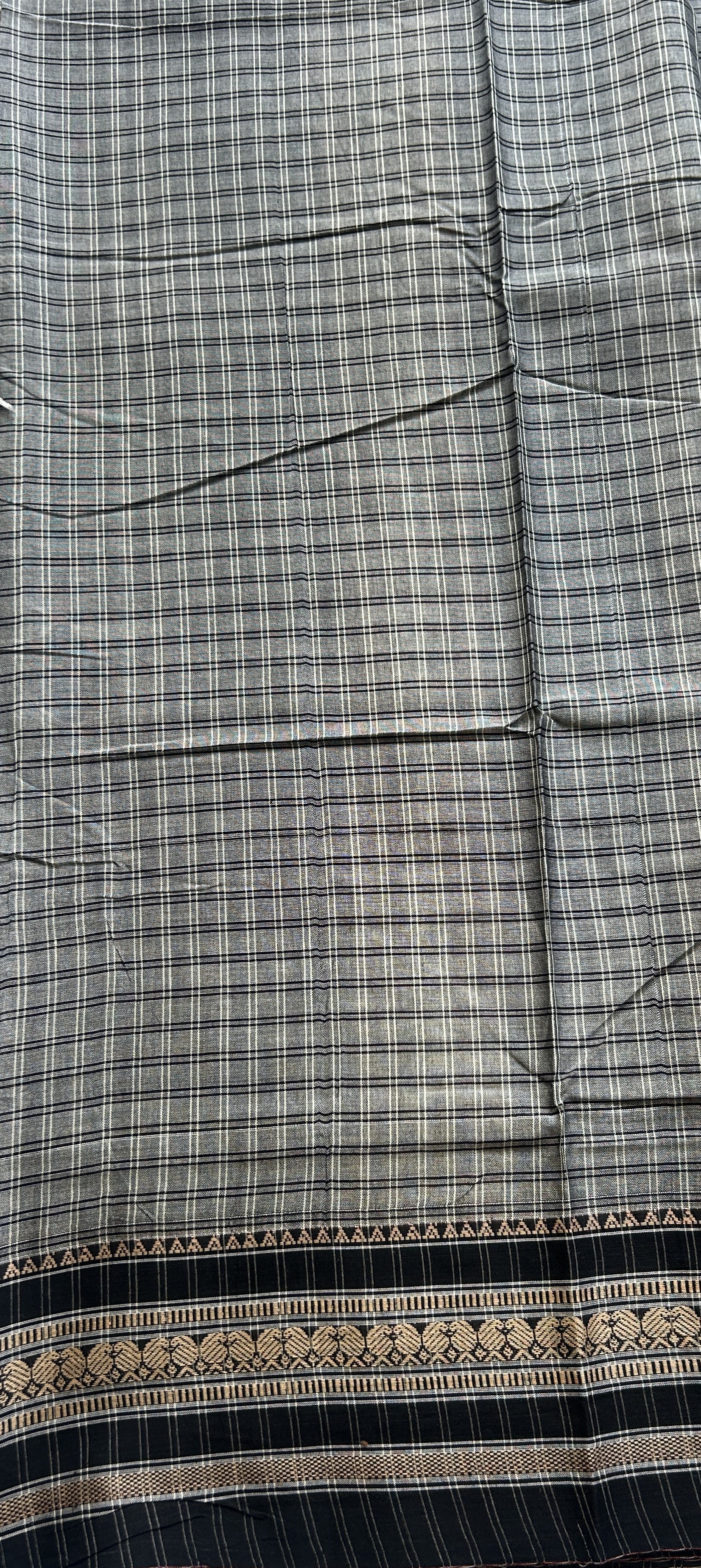 Narayanpet Cotton Checks Saree Gray Colored Complemented with a Black Thread Border. - Sampradaya Designer Studio