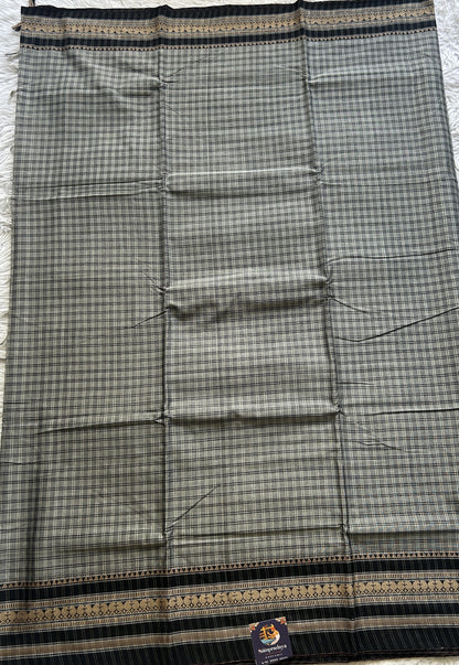 Narayanpet Cotton Checks Saree Gray Colored Complemented with a Black Thread Border. - Sampradaya Designer Studio