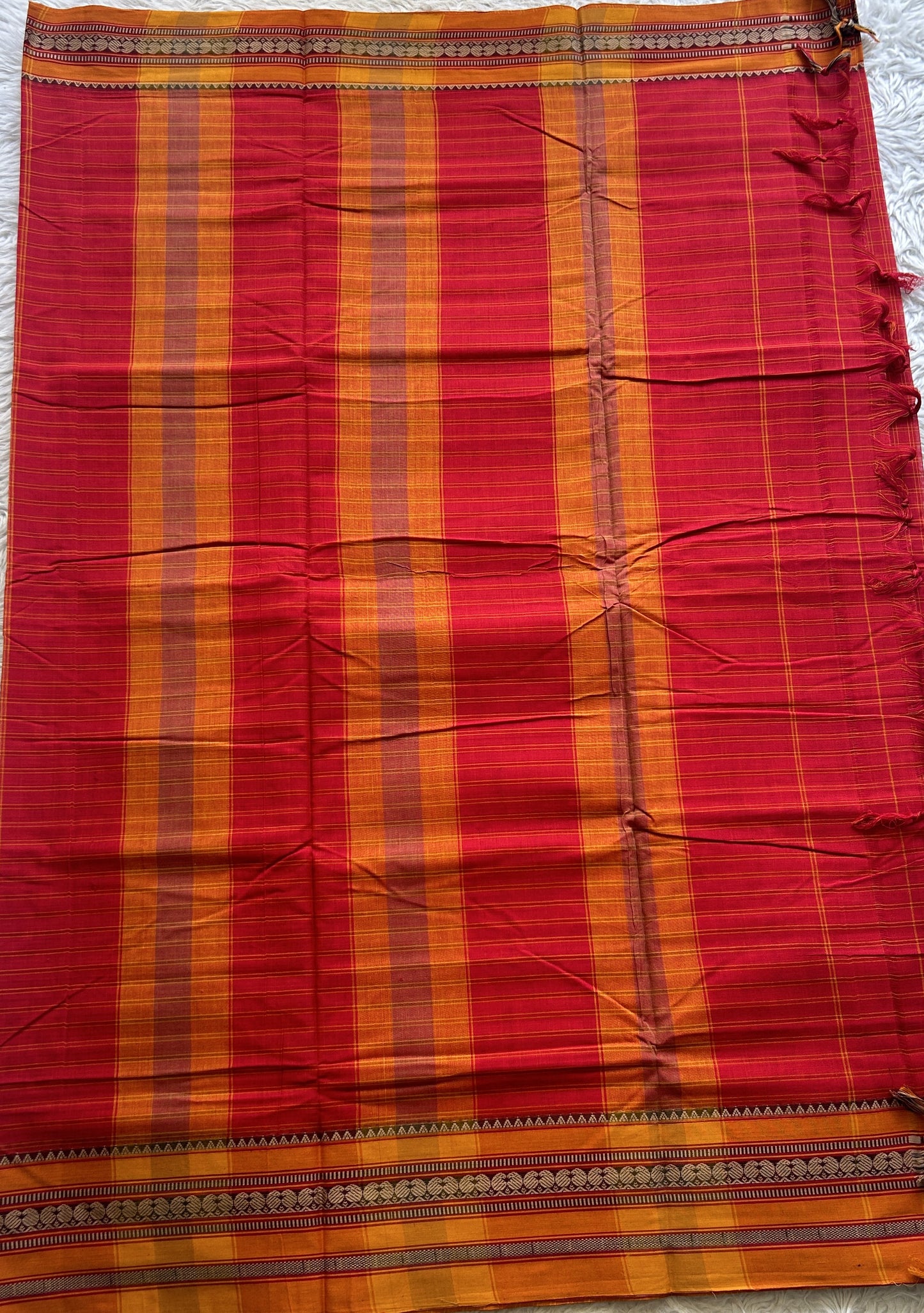 Narayanpet Cotton Checks Saree Red Colored Complemented with a Yellow Thread Border. - Sampradaya Designer Studio
