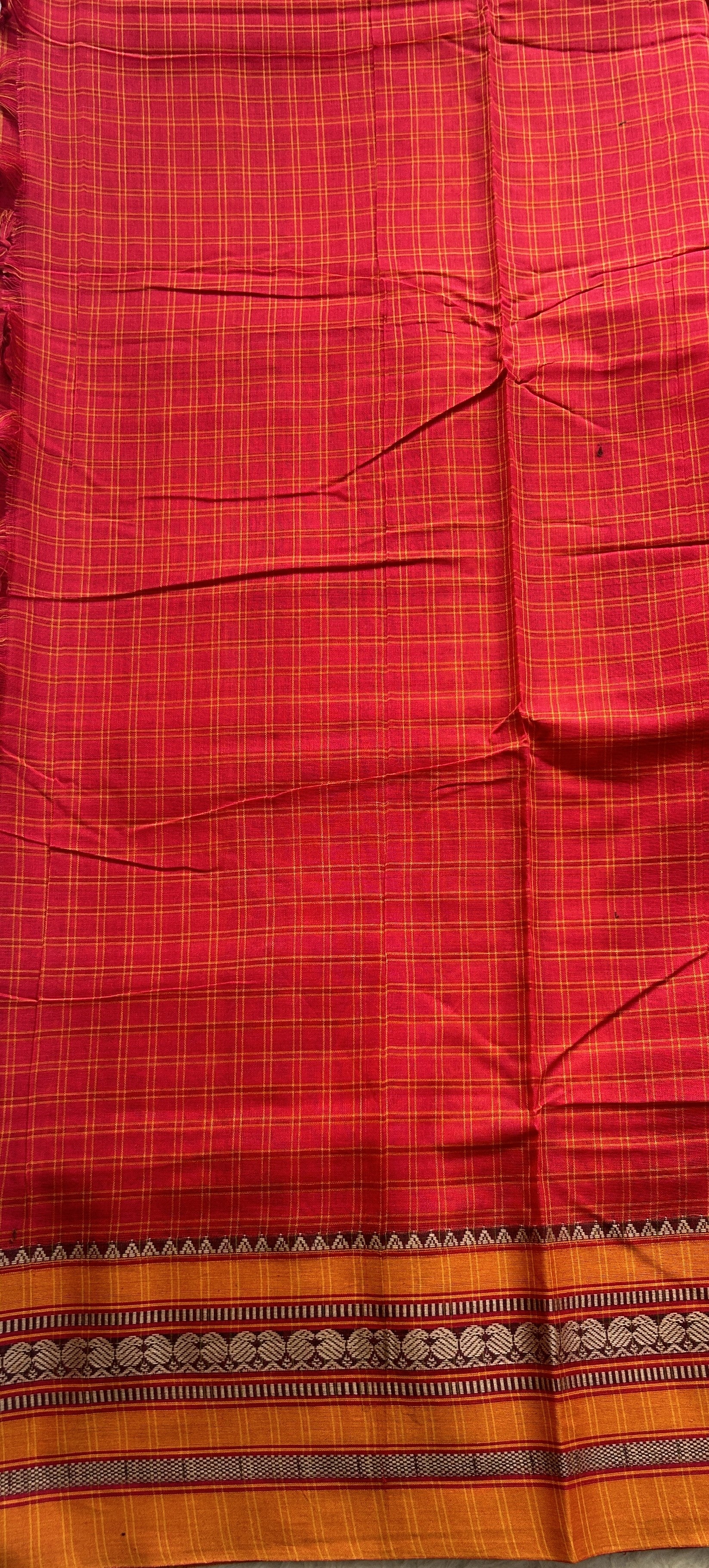 Narayanpet Cotton Checks Saree Red Colored Complemented with a Yellow Thread Border. - Sampradaya Designer Studio