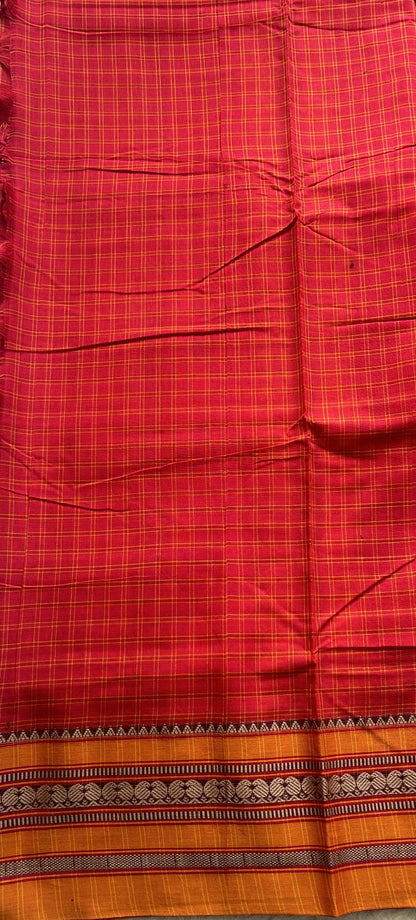 Narayanpet Cotton Checks Saree Red Colored Complemented with a Yellow Thread Border. - Sampradaya Designer Studio