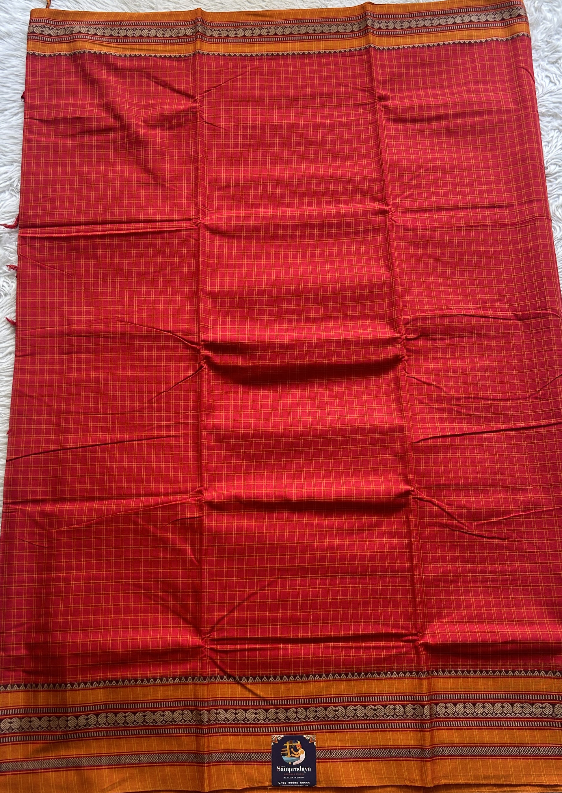 Narayanpet Cotton Checks Saree Red Colored Complemented with a Yellow Thread Border. - Sampradaya Designer Studio
