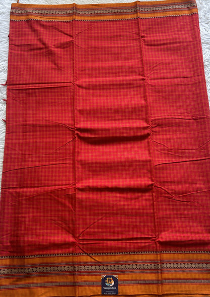 Narayanpet Cotton Checks Saree Red Colored Complemented with a Yellow Thread Border. - Sampradaya Designer Studio