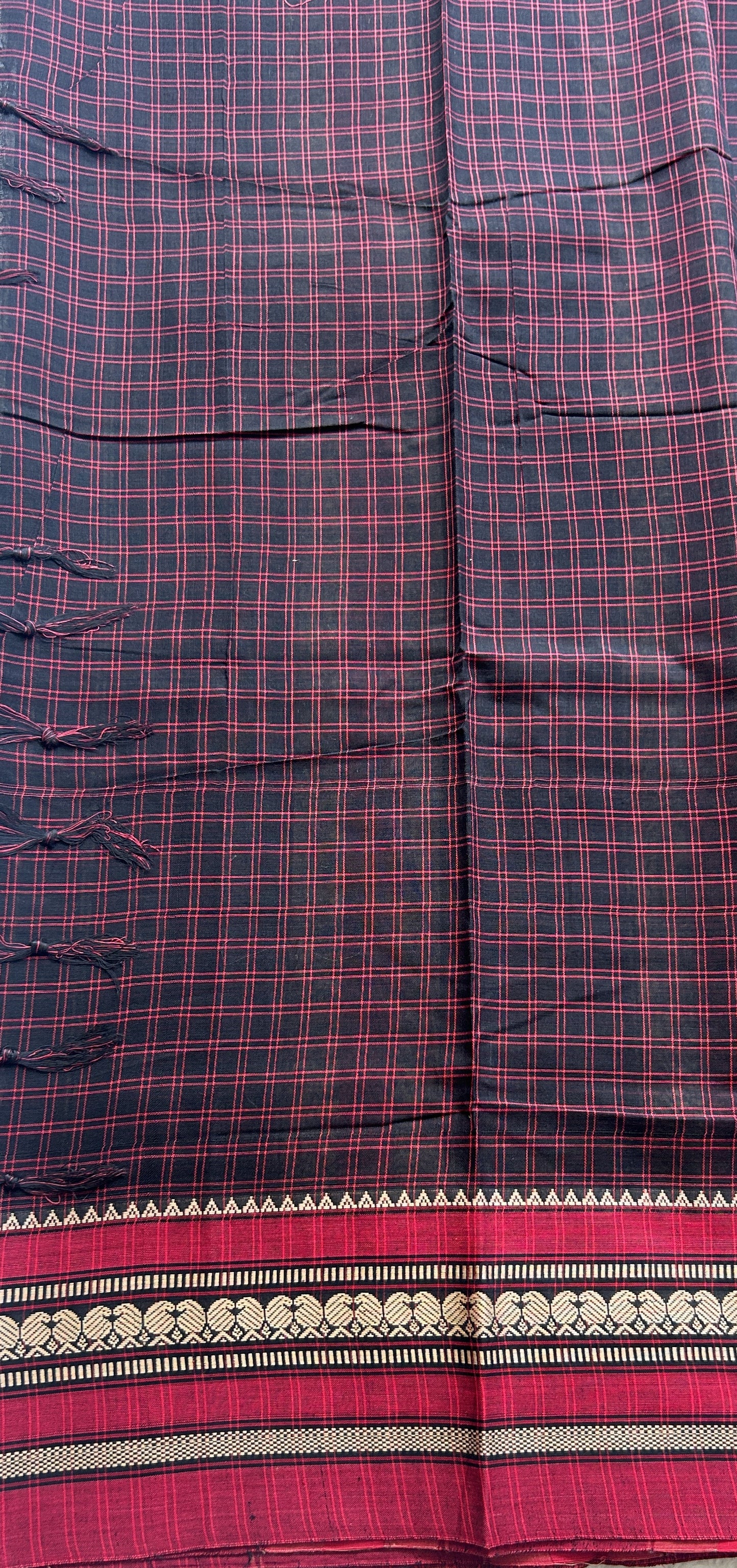 Narayanpet Cotton Checks Saree Black Colored Complemented with a Maroon Thread Border. - Sampradaya Designer Studio