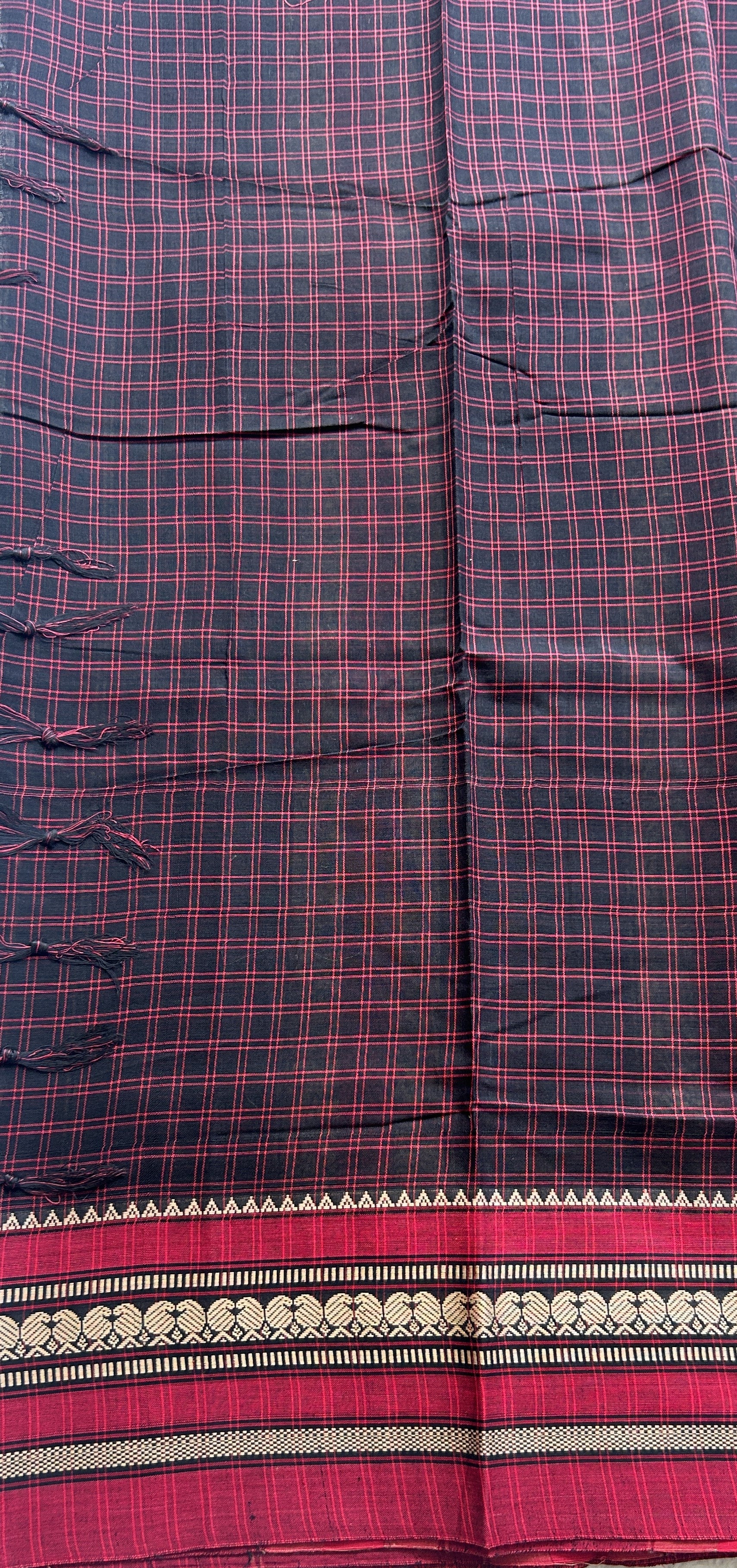 Narayanpet Cotton Checks Saree Black Colored Complemented with a Maroon Thread Border. - Sampradaya Designer Studio