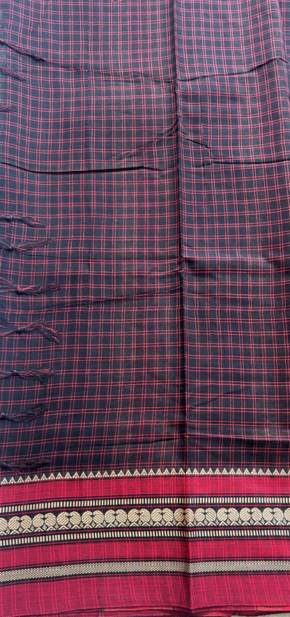 Narayanpet Cotton Checks Saree Black Colored Complemented with a Maroon Thread Border. - Sampradaya Designer Studio
