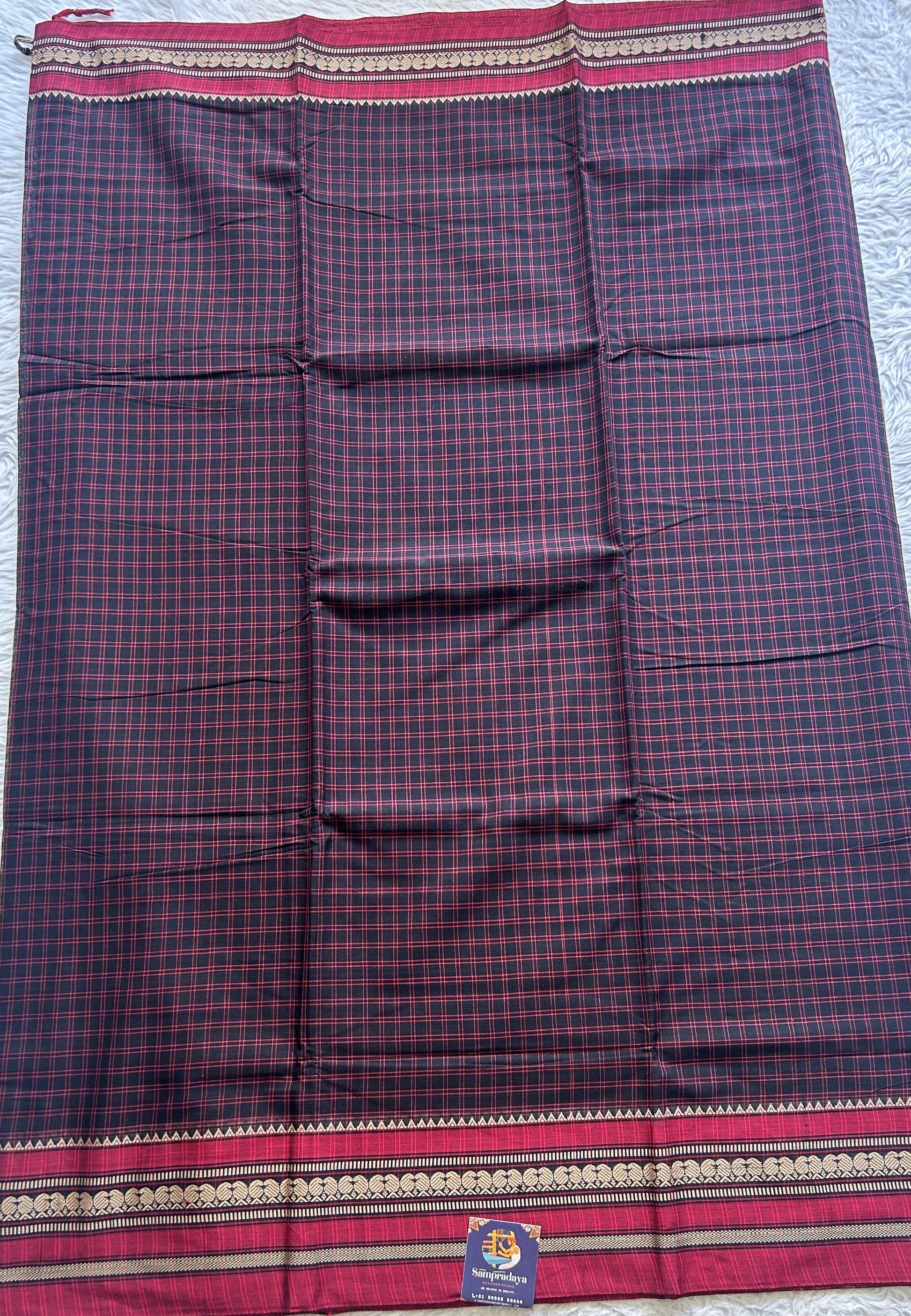 Narayanpet Cotton Checks Saree Black Colored Complemented with a Maroon Thread Border. - Sampradaya Designer Studio