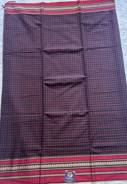 Narayanpet Cotton Checks Saree Black Colored Complemented with a Maroon Thread Border. - Sampradaya Designer Studio