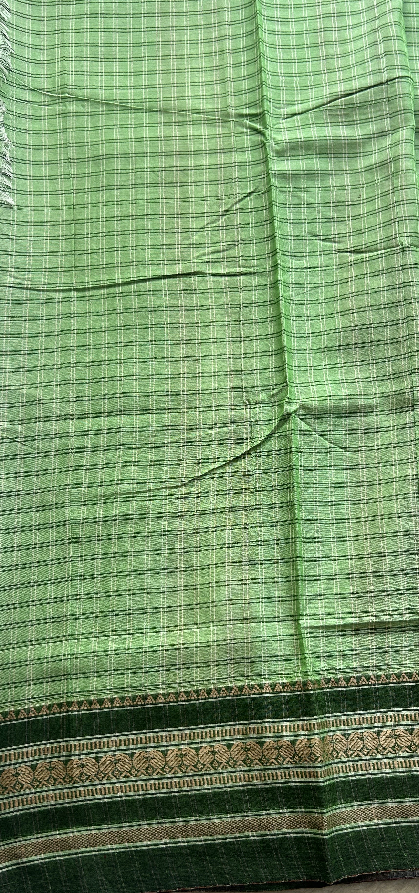 Narayanpet Cotton Checks Saree Light Green Colored Complemented with a Thread Border. - Sampradaya Designer Studio