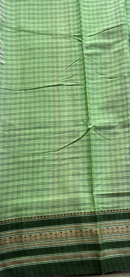 Narayanpet Cotton Checks Saree Light Green Colored Complemented with a Thread Border. - Sampradaya Designer Studio