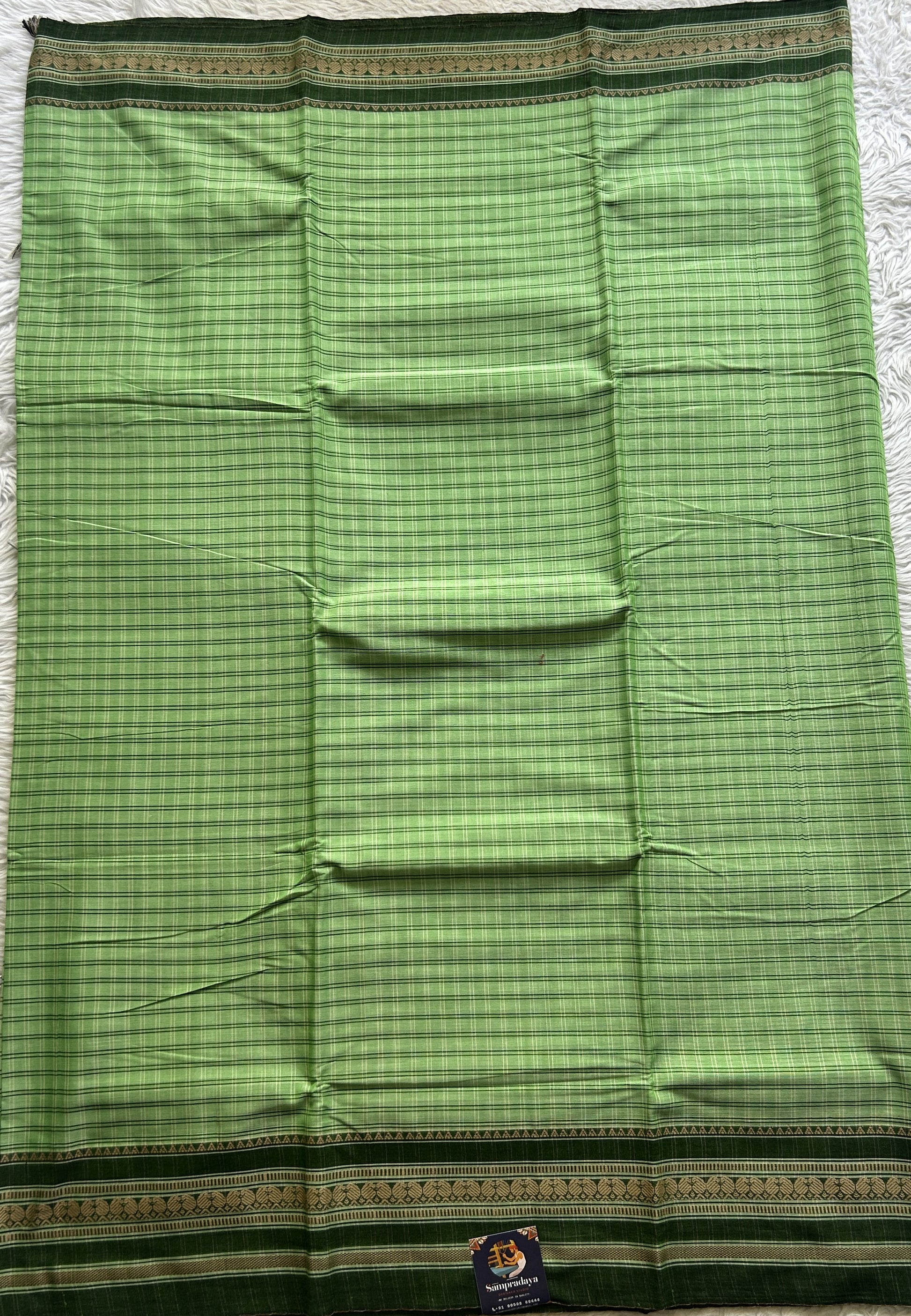 Narayanpet Cotton Checks Saree Light Green Colored Complemented with a Thread Border. - Sampradaya Designer Studio