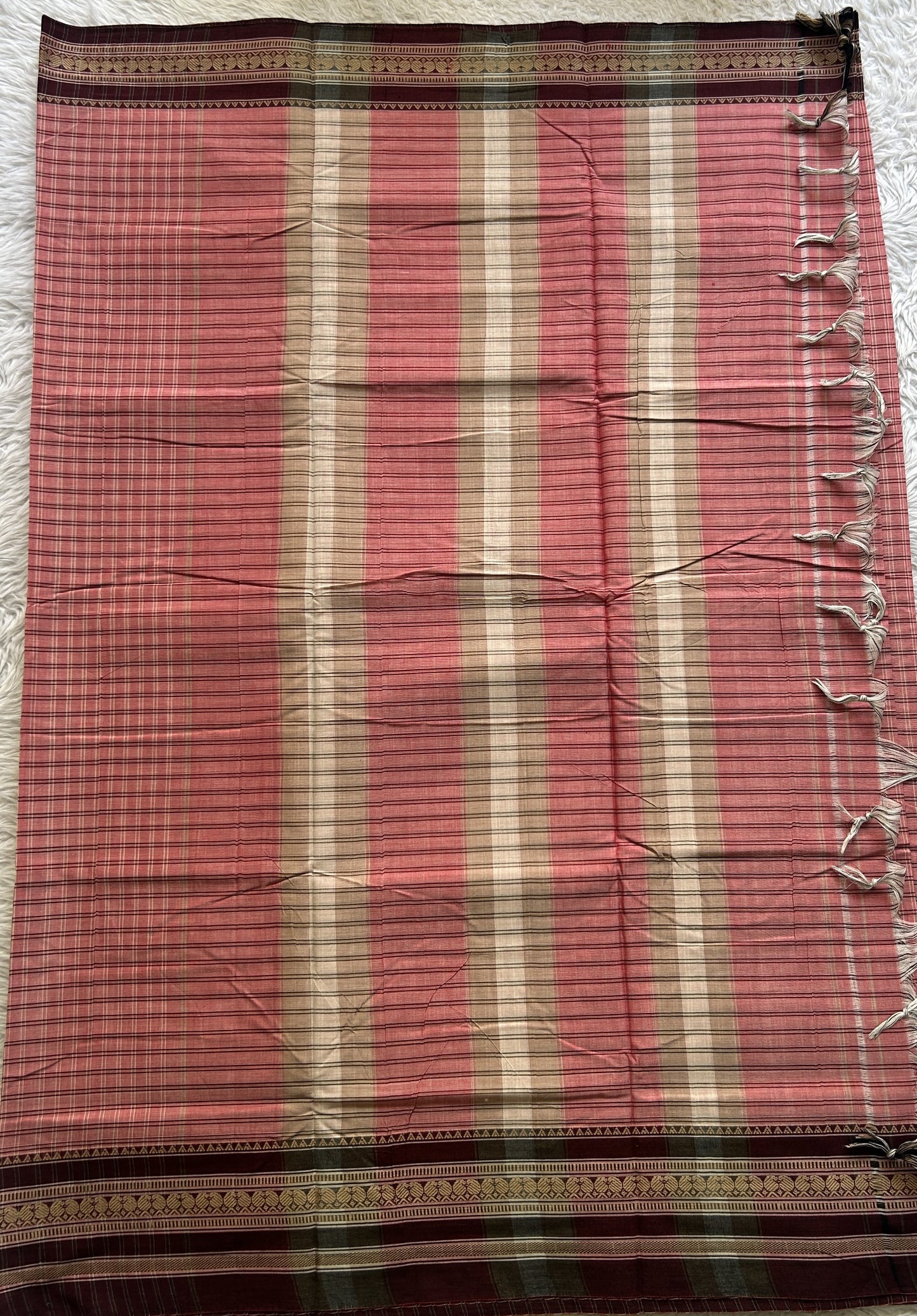 Narayanpet Cotton Checks Saree Light Pink Colored Complemented with a Maroon Thread Border. - Sampradaya Designer Studio
