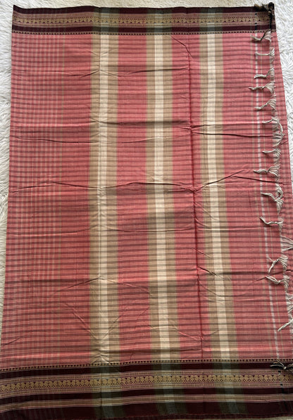 Narayanpet Cotton Checks Saree Light Pink Colored Complemented with a Maroon Thread Border. - Sampradaya Designer Studio