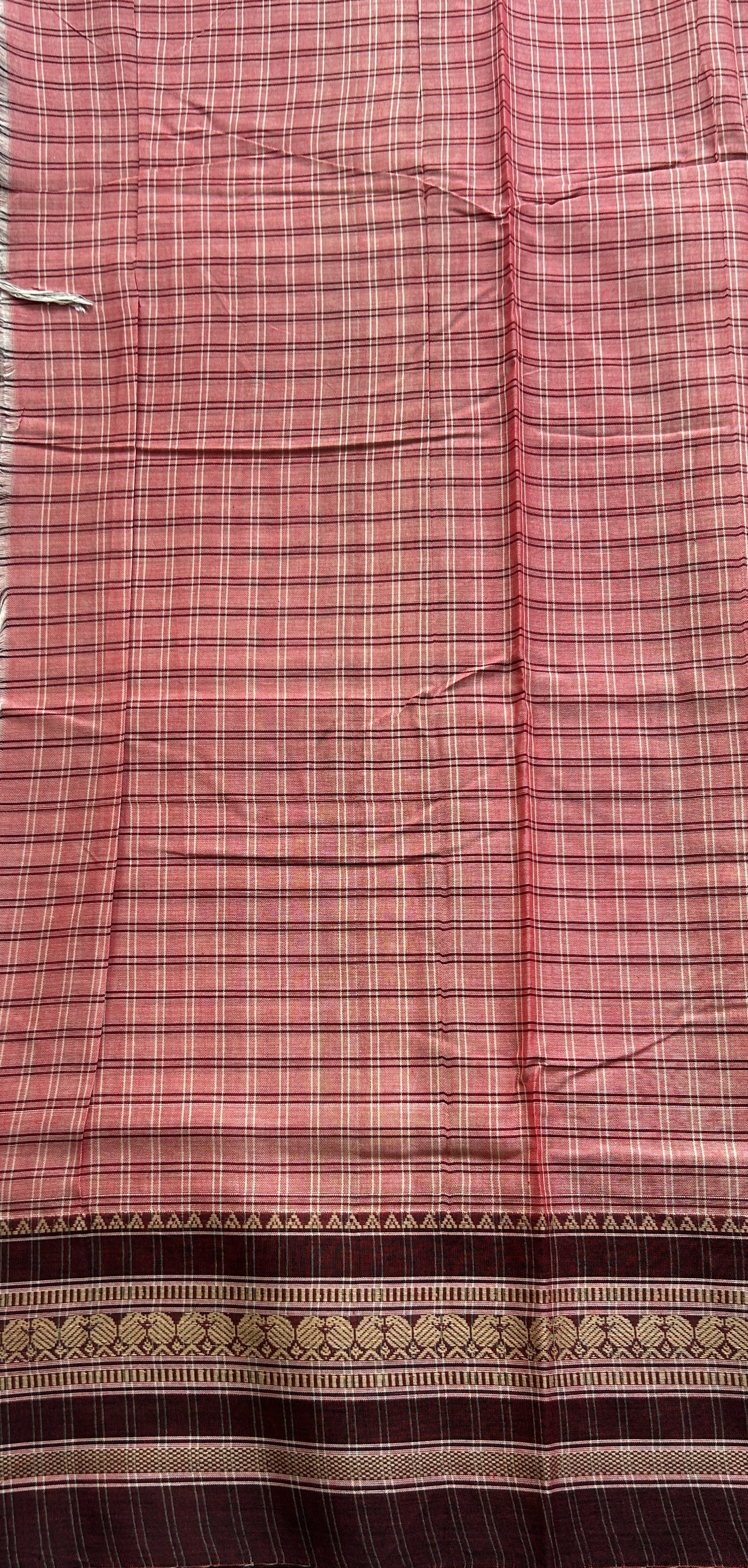 Narayanpet Cotton Checks Saree Light Pink Colored Complemented with a Maroon Thread Border. - Sampradaya Designer Studio