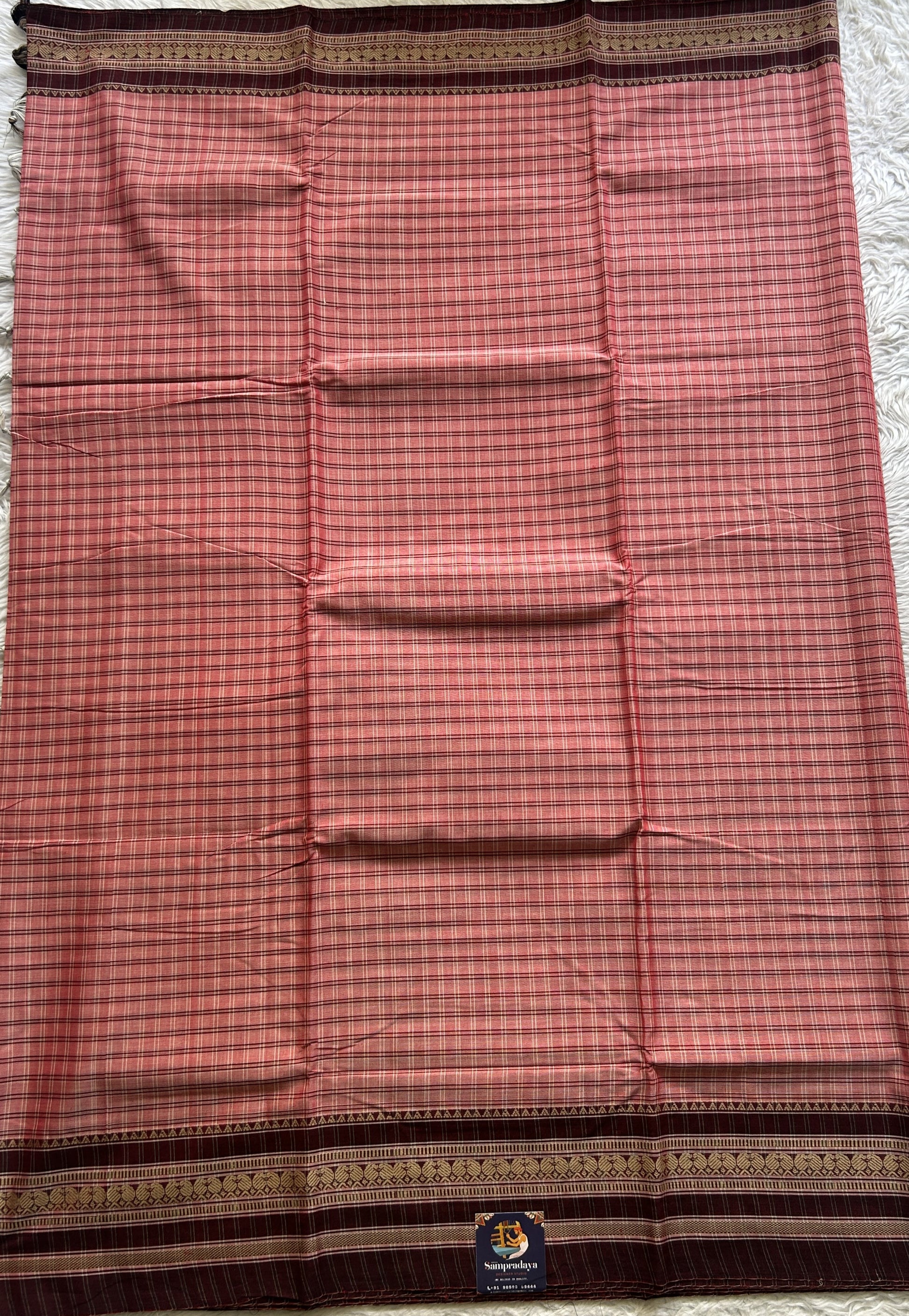 Narayanpet Cotton Checks Saree Light Pink Colored Complemented with a Maroon Thread Border. - Sampradaya Designer Studio