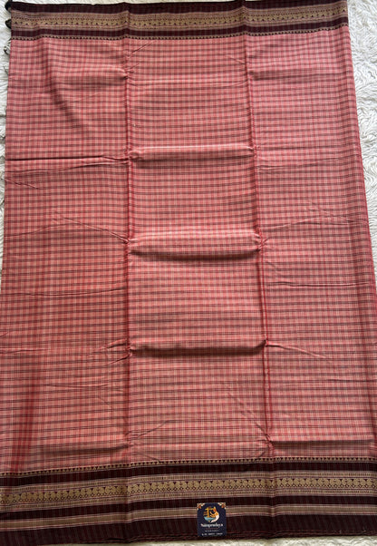 Narayanpet Cotton Checks Saree Light Pink Colored Complemented with a Maroon Thread Border. - Sampradaya Designer Studio