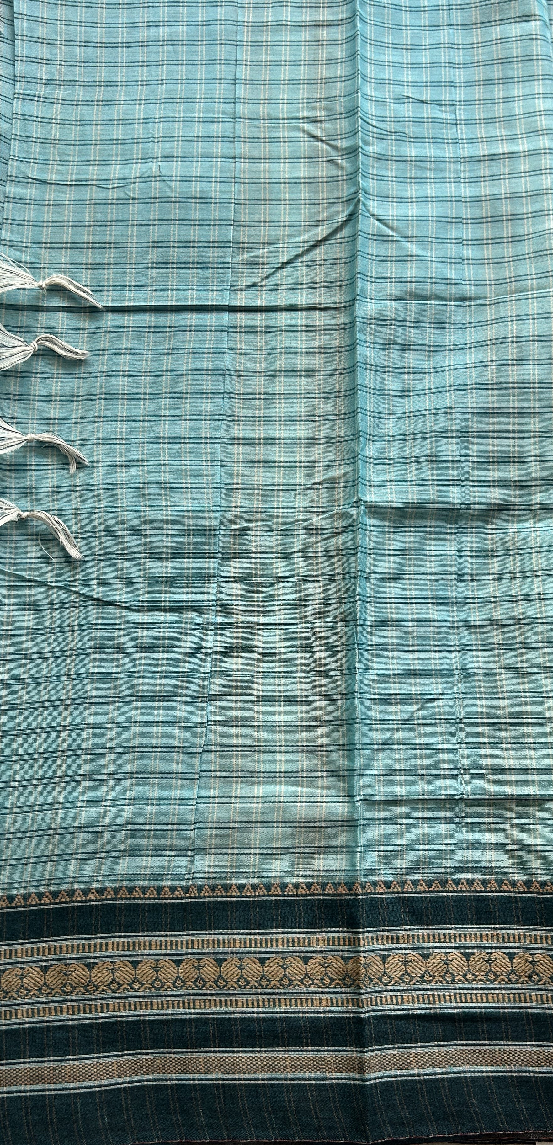 Narayanpet Cotton Checks Saree Sky Blue Colored Complemented with a Thread Gap Border. - Sampradaya Designer Studio