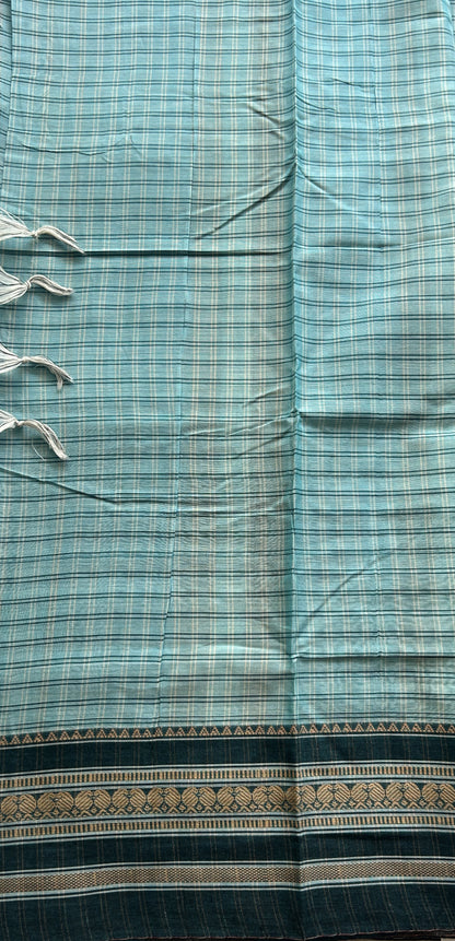 Narayanpet Cotton Checks Saree Sky Blue Colored Complemented with a Thread Gap Border. - Sampradaya Designer Studio