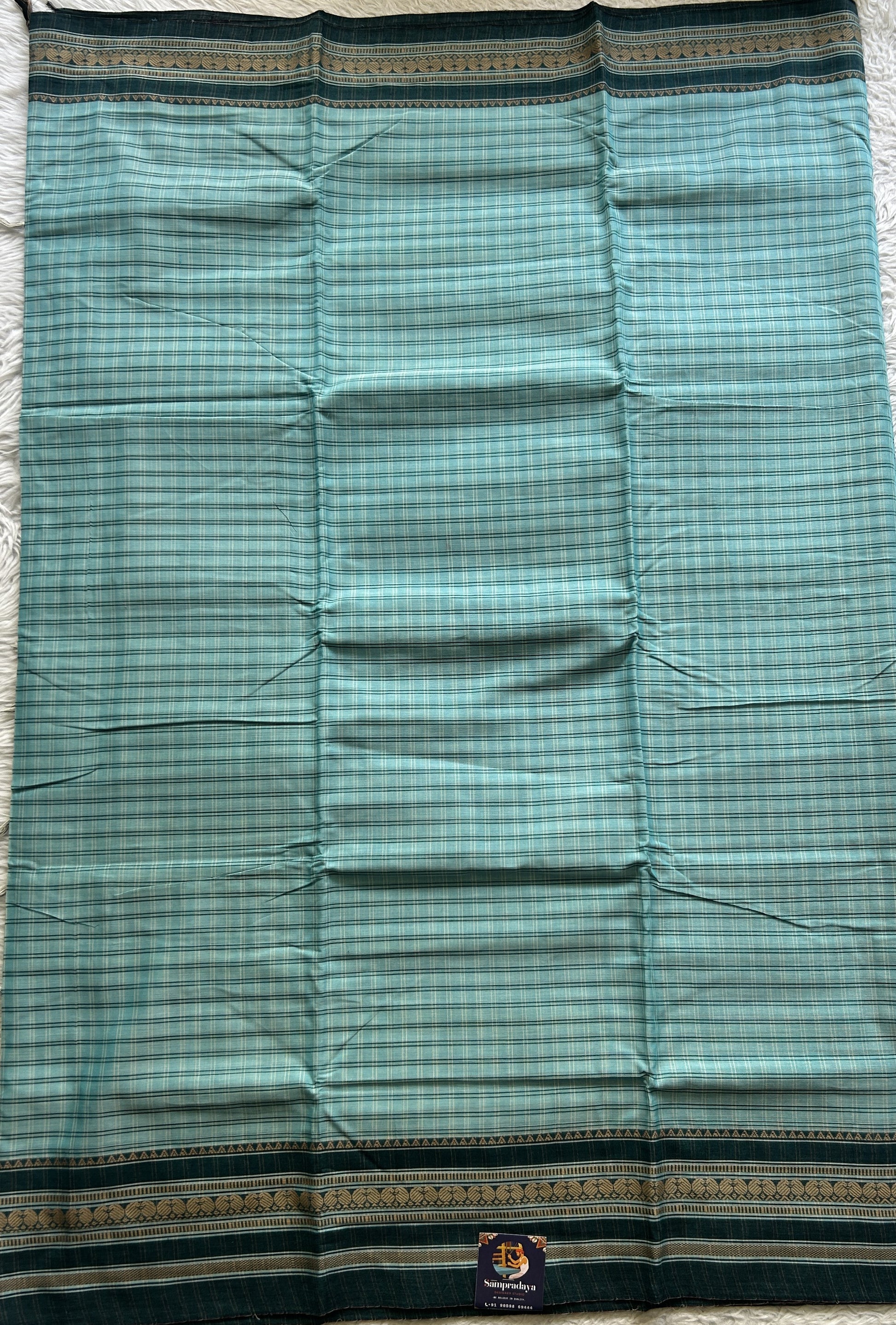 Narayanpet Cotton Checks Saree Sky Blue Colored Complemented with a Thread Gap Border. - Sampradaya Designer Studio