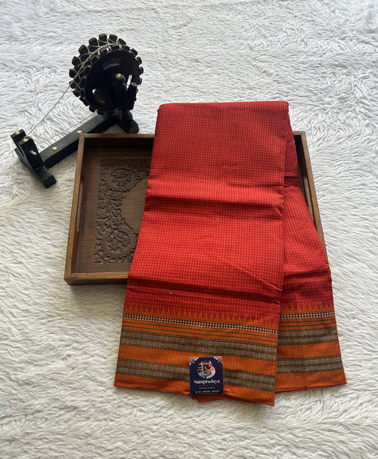 Narayanpet Cotton Checks Saree Red Colored Complemented with a Thread Border. - Sampradaya Designer Studio
