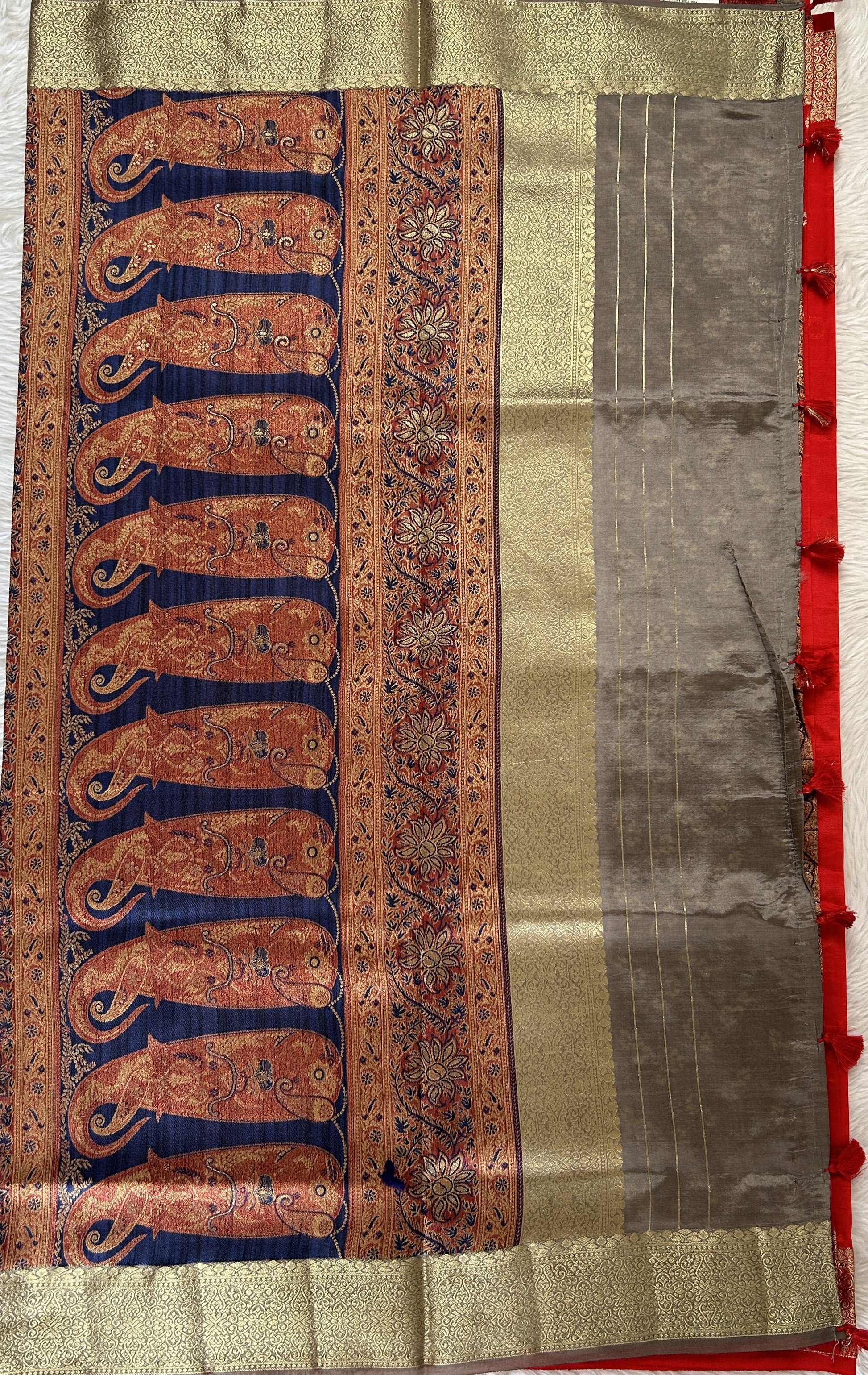 Semi Raw Silk Saree Red Colored Complemented with a Zari Border. - Sampradaya Designer Studio