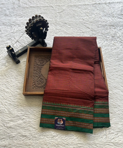 Narayanpet Cotton Checks Saree Maroon Colored Complemented with a Thread Gap Border. - Sampradaya Designer Studio