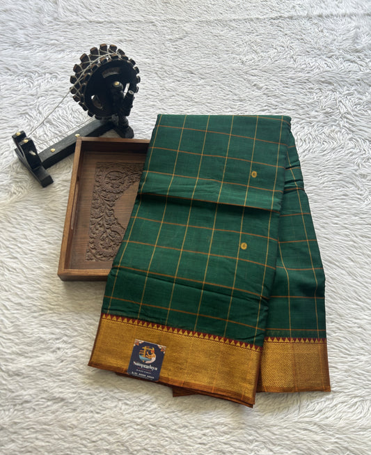Narayanpet Cotton Checks Saree Bottle Green Colored Complemented with a Zari Border. - Sampradaya Designer Studio