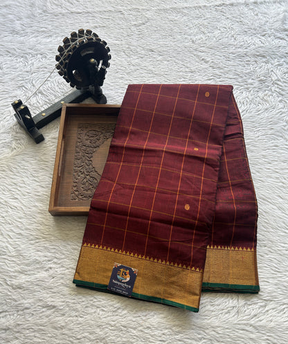Narayanpet Cotton Checks Saree Maroon Colored Complemented with a Zari Border. - Sampradaya Designer Studio