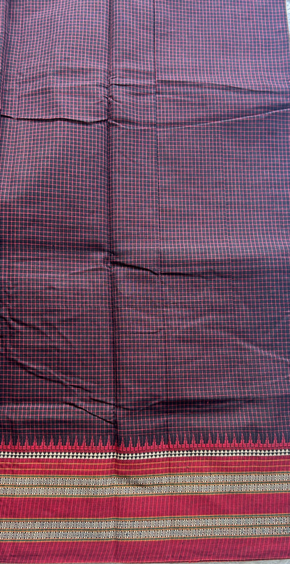 Narayanpet Cotton Checks Saree Black Colored Complemented with a Thread Gap Border. - Sampradaya Designer Studio