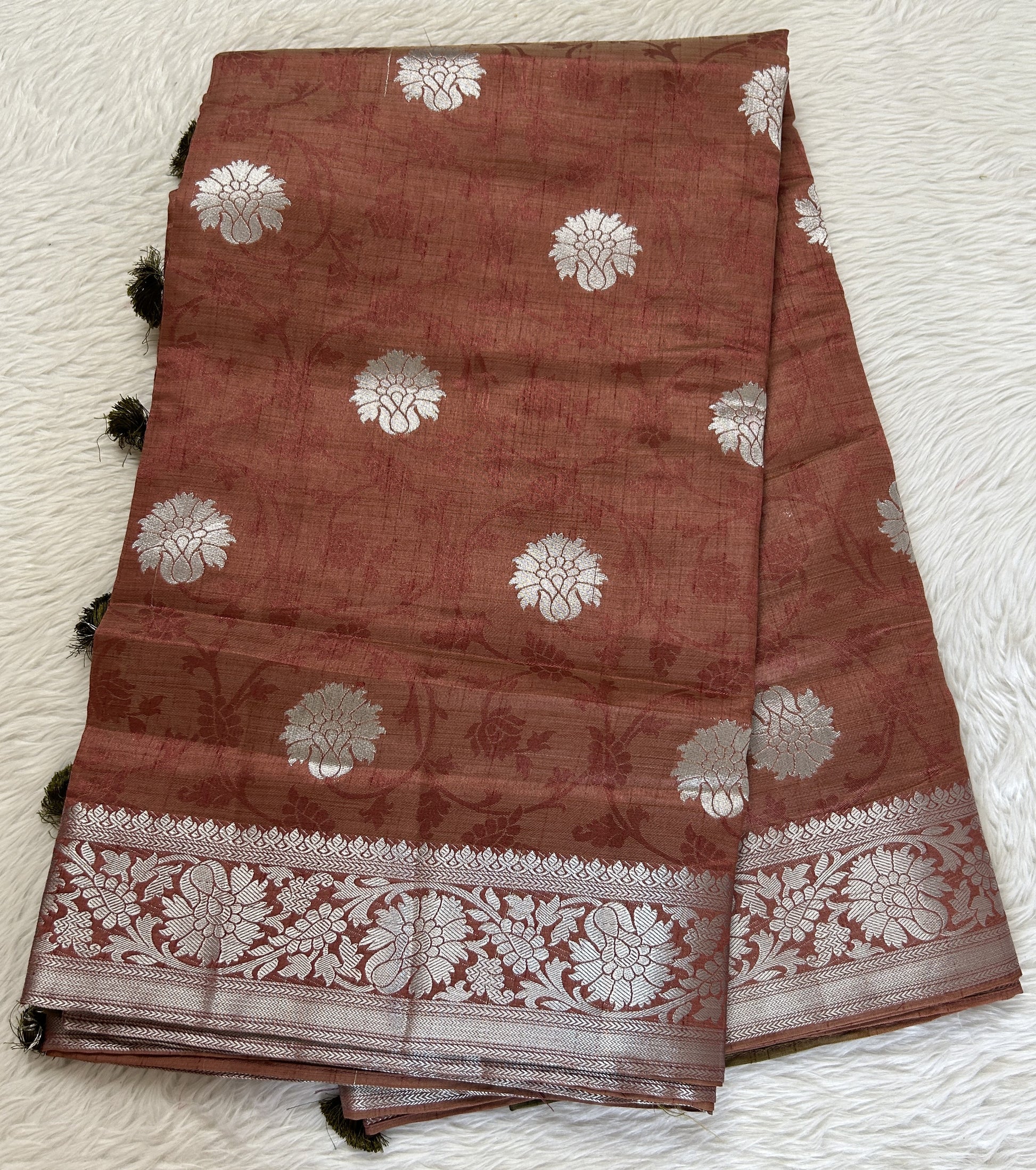 Semi Raw Silk Saree Rust Colored Complemented with a Zari Border. - Sampradaya Designer Studio